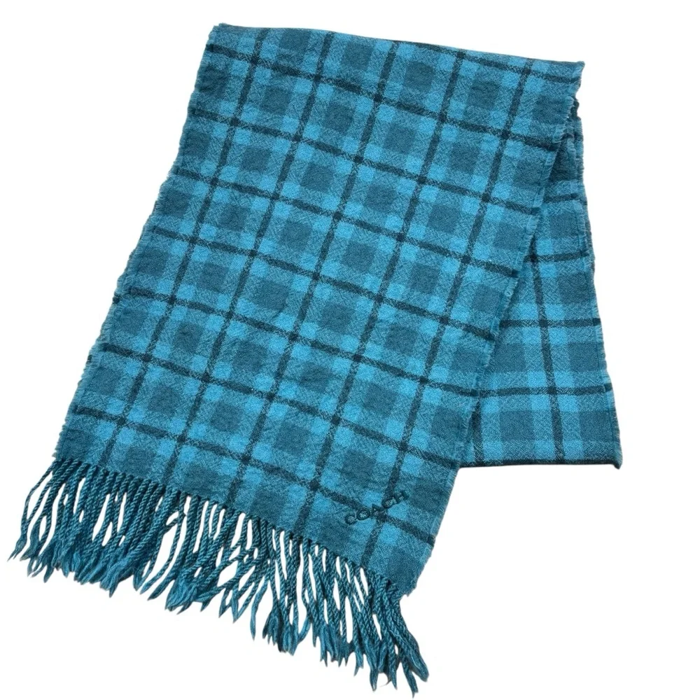 Ladies Coach Reversible Signature Plaid Double Face Fringe‎ End Scarf Dark Teal
